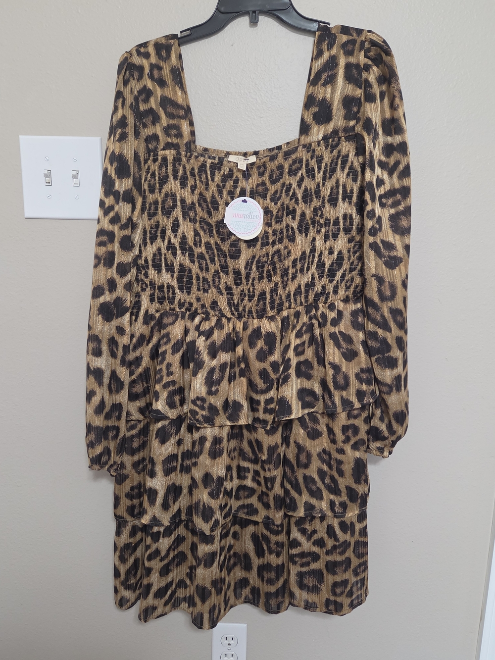Oddi Leopard Print Tiered Long Sleeve Dress - Brown/Black